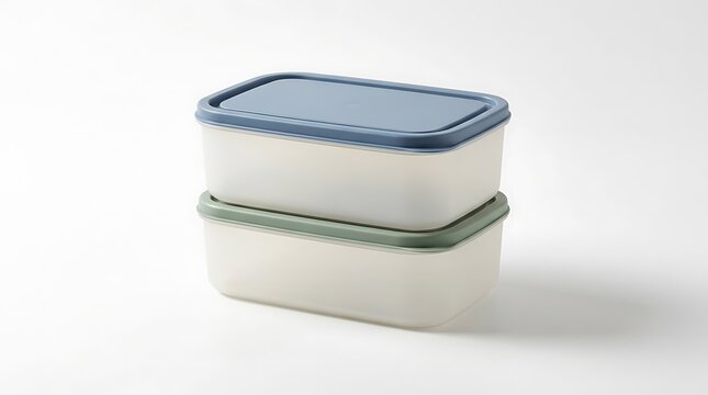 Two stackable plastic food storage containers with blue and green lids for meal prep kitchen use. customizable school lunchboxes