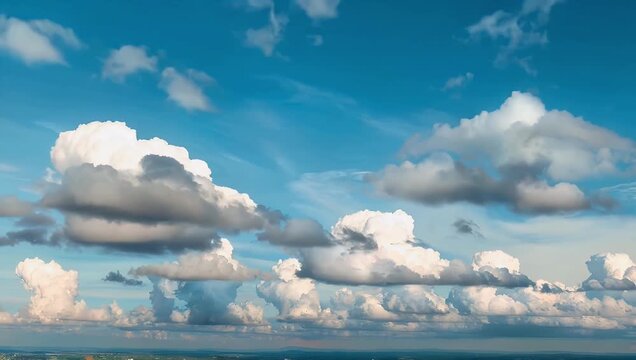 Clear 4K time-lapse recording heavy white and gray cloud formations rolling across a sunny blue sky demonstrating dynamic weather changes and atmospheric depth for nature projects