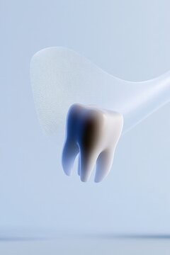 Dental scanner wand with ceramic tooth and translucent mesh layers on pale blue background