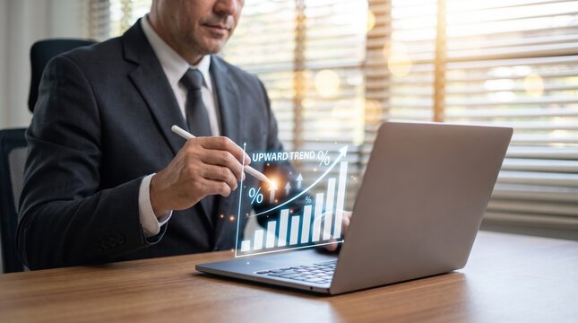 Business financial growth analysis with rising bar chart, percentage indicators and upward trend line. Professional investor using digital technology for investment strategy, profit growth, economic