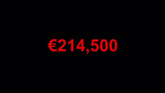 euro currency number counter animation from zero to six hundred thousand on black background, 600,000 euro money number counter animation in 4k.