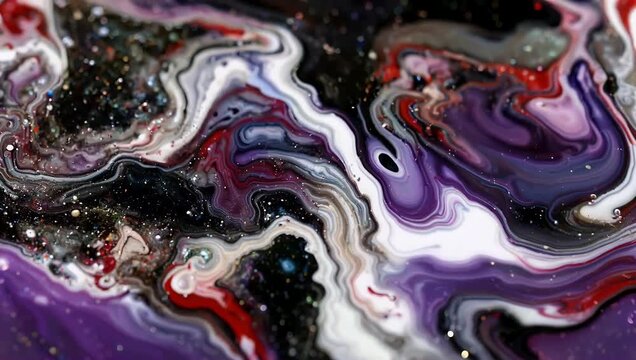Stunning 4K visual effects shot combining swirling colored inks metallic glitter and liquid paint moving dynamically in purple red white and black hues ideal for high-end graphic design and