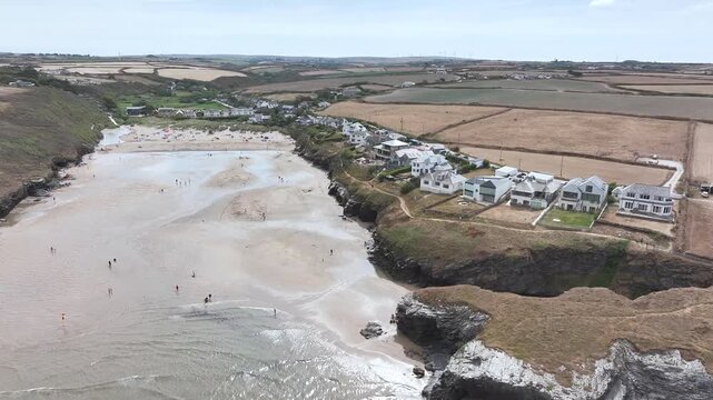 View of Porthcothan and Porthcothan Beach from a drone, Porthcothan, Padstow, Cornwall, England, United Kingdom, Summer 2026
