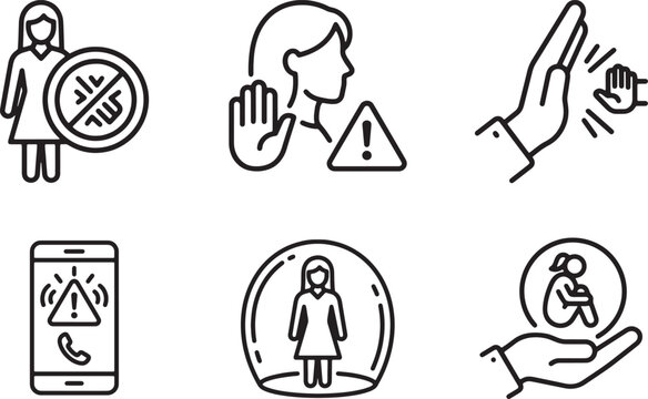 Stop violence against women and female protection outline icon set