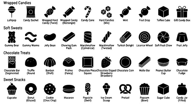 Candy Sweet Treats Solid Silhouette Editable Vector Icon Collection
