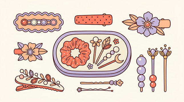 Set of decorative hair accessories and jewelry clips in a flat vector style