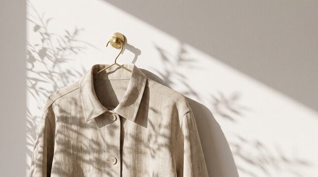 Minimalist Beige Linen Shirt Jacket on Brass Hook with Soft Dappled Sunlight and Foliage Shadows