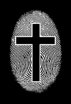 Conceptual digital illustration of a Christian cross superimposed over a white fingerprint texture against a solid black background