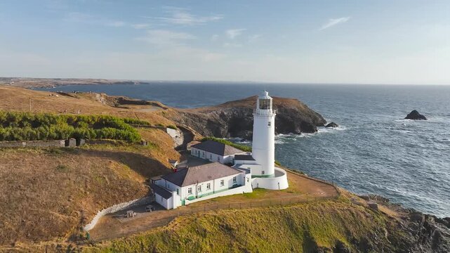 Trevose Head Lighthouse from a drone, Padstow, Cornwall, England, United Kingdom