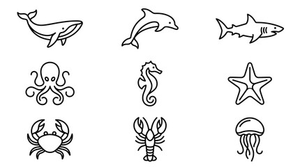 Fototapeta premium Professional Black and White Line Drawing Set of Nine Marine Sea Creatures Icons Whale Dolphin Shark Octopus Seahorse Starfish Crab Lobster Jellyfish