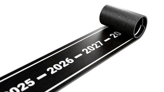 Conceptual 3D timeline featuring a rolled road unrolling from 2026 toward 2027, symbolizing the new year, future planning, transition, progress, and upcoming goals. 