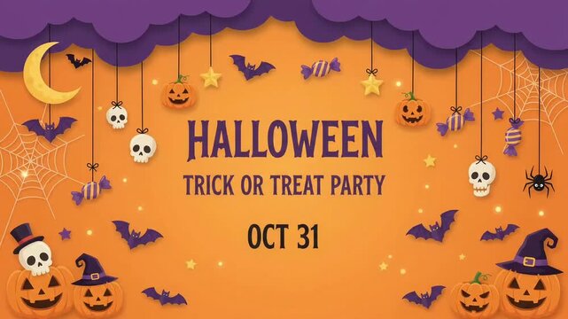 Festive Trick or Treat Party October 31 invitation text in a paper cut style animated Halloween video background with hanging pumpkins
