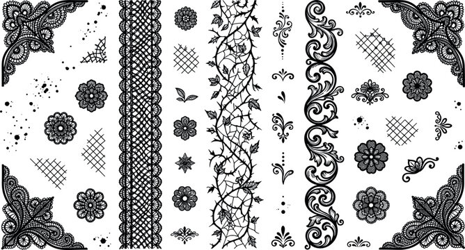 Vintage Black Lace Borders and Corner Ornaments Vector Set Featuring Gothic Floral Elements and Decorative Trims for Wedding Invitations and Elegant Craft Designs
