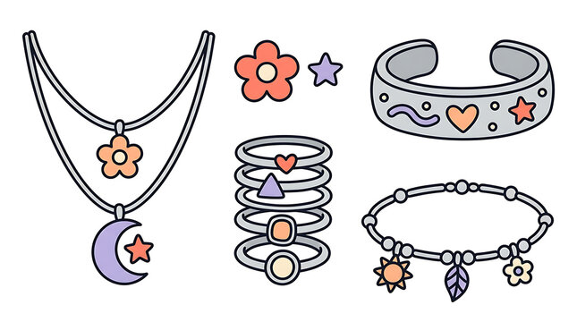 Hand drawn jewelry set featuring necklaces bracelets and rings with charms