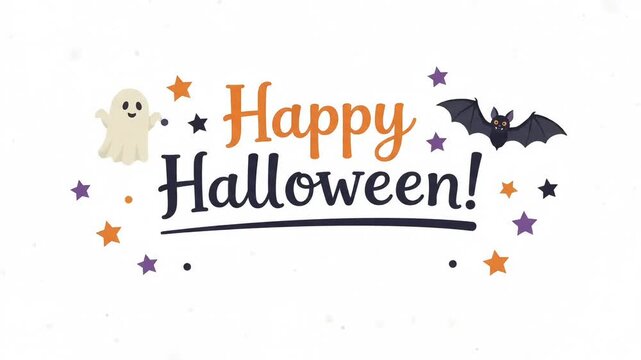 Animated Happy Halloween greeting text with a cute ghost, flying bat, and scattered stars on a clean white video background
