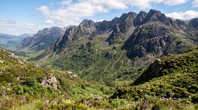 Breathtaking landscape view of the majestic Scottish Highlands with rugged mountains, green valleys, and dramatic peaks under a partly cloudy sky