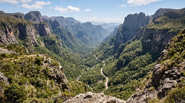 Breathtaking aerial view of the Serra do Corvo Branco canyon in Brazil featuring lush green mountains and a winding road below