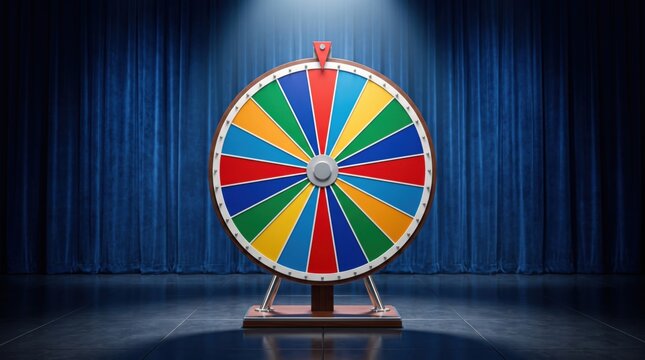 Colorful prize wheel standing on a stage with blue curtains and dramatic lighting, representing games, chance, luck, competition, rewards and entertainment