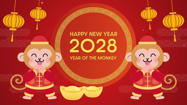 Chinese New Year 2028 animation video with zodiac monkeys mascots. Festive cartoon video to celebrate Year of the Monkey.