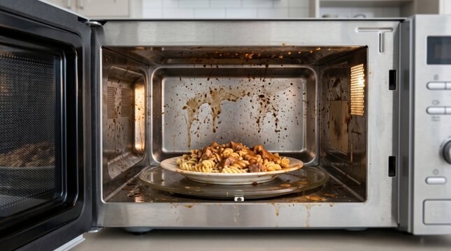 Dirty microwave oven with food splatters, grease stains and spilled leftovers inside, representing kitchen cleaning, household hygiene, appliance maintenance and neglected food residue