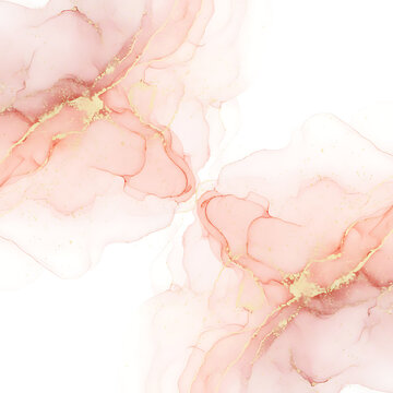 Abstract Alcohol Ink Background Featuring Soft Pink and Peach Fluid Textures with Luxurious Gold Glitter Veins on a White Canvas