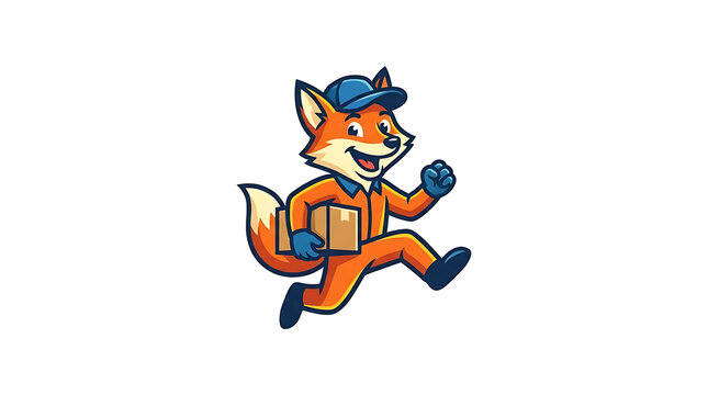 Running fox mascot character in delivery uniform.