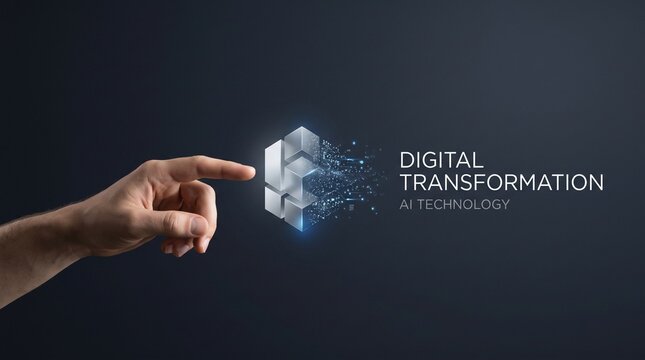Digital transformation concept with human hand touching glowing geometric data cubes representing AI technology and modern business innovation