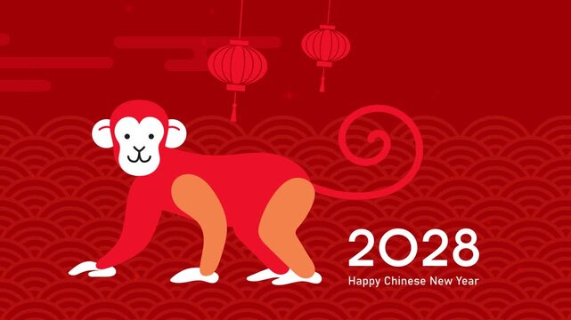 Minimalist New Year of the Monkey animation video. Cute zodiac monkey with hanging lanterns decorations.