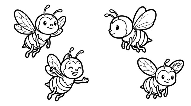 Set of four cartoon bee coloring pages.