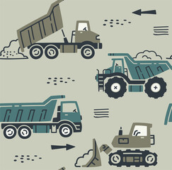 Construction trucks moving dirt and debris during a busy workday on a neutral background © SA Graphic Desing