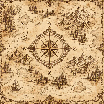 Vintage Antique Treasure Map Seamless Patterns Set, Old Nautical Navigation Charts, Pirate and Fantasy Cartography Backgrounds