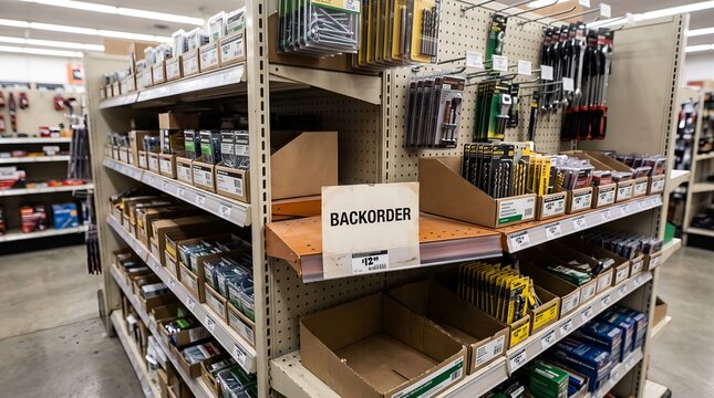 Store Shelving Unit Featuring Empty Stock Bins with Backorder Signage in a Retail Hardware Environment