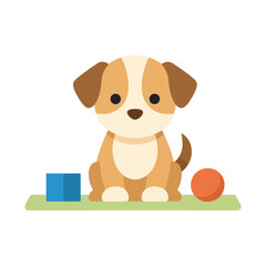 Fototapeta premium A cute brown puppy sits on a green mat next to a blue block and an orange ball in a flat vector illustration style.
