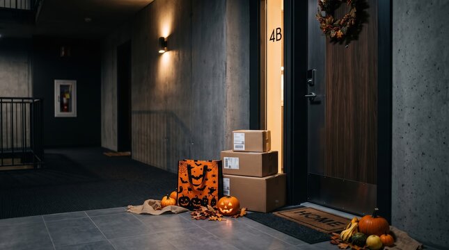 Halloween packages and orange gift bag with pumpkin sitting on floor outside apartment door, wreath on door, concrete hallway, delivery concept, autumn decorations, doorstep.