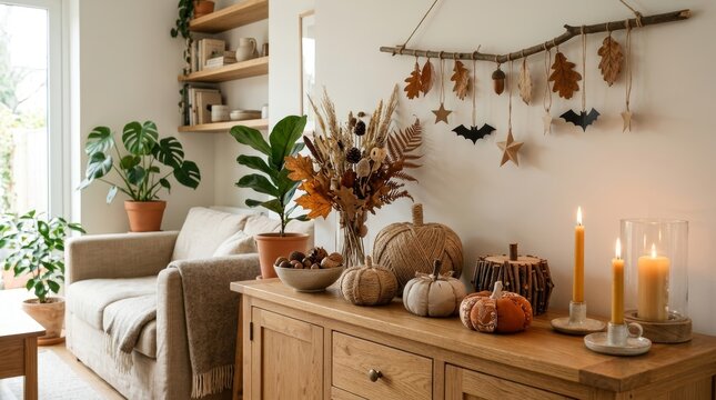 Bright living room with rustic autumn decor, pumpkins and candles on wooden sideboard, dried flowers, wall hanging with leaves and bats, cozy boho style.