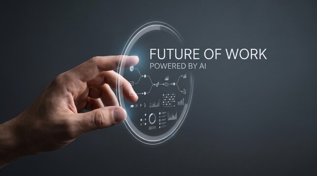 Future of Work Powered by AI Concept with Futuristic Touchscreen Interface and Human Hand Interaction