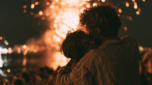 Intimate Embrace Under Fireworks: A couple shares a tender moment, embracing under a shower of vibrant fireworks, symbolizing love and shared celebration amidst a festive atmosphere.