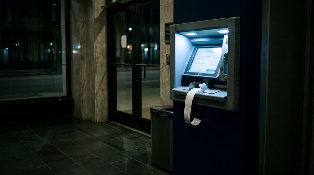 Automated Teller Machine With Printing Receipt Standing In A Dark Bank Lobby At Night
