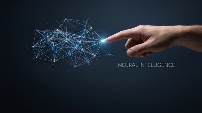 Human finger touching a glowing digital neural network intelligence concept representing artificial intelligence and big data connection