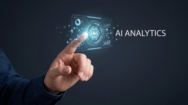 Businessman pointing at futuristic holographic screen with AI analytics concept for data processing and machine learning