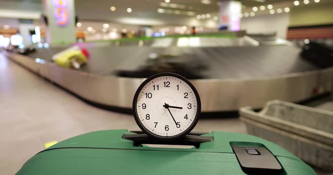 Time distortion and flight delay concept showing time lapse of clock hands spinning abnormally fast on top of green suitcase, blurry moving baggage carousel transporting luggage in background