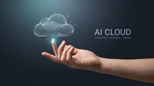 Human Hand Touching Digital Holographic Cloud for AI Cloud Computing and Global Network Connection