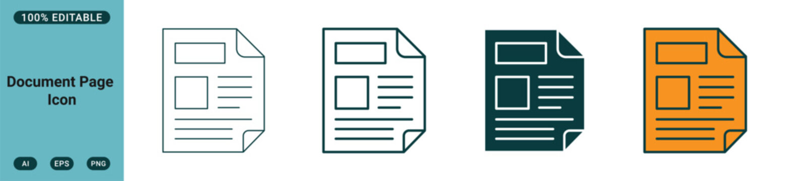 Document page icon set, vector illustration of a paper sheet with text and image placeholders in various styles