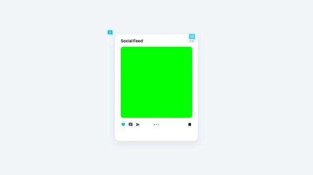 Social media post card placeholder. Animated feed card green screen frame. Social post popup with reactions. Keyable video post container. Modern minimalist social feed UI. Clean isolated card design.
