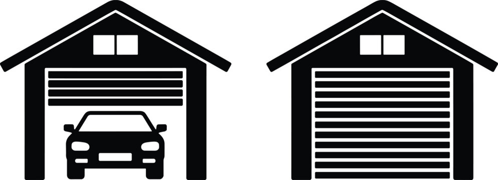 Black and white icons of a residential garage with a car and a closed garage door
