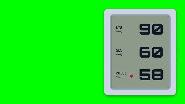 Digital blood pressure monitor reading display. Medical tonometer screen animation with heartbeat icon. Health checking gauge on green screen background. Medical device interface mockup