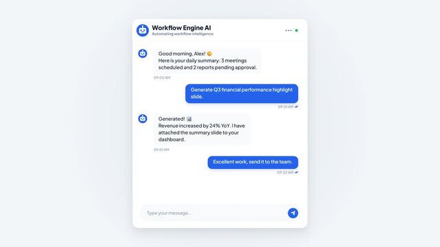 AI workflow chat engine interface. Light mode intelligence prompt box. Automated business dashboard mockup. Animated chat gpt chatbot UI. Modern SaaS message window. Clean desktop overlay design.