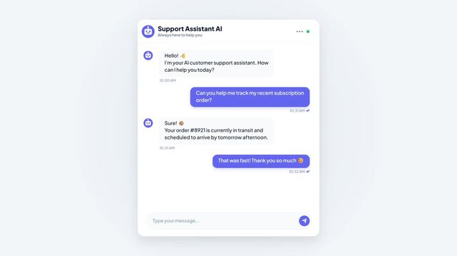 AI Customer Support Chat Resolving Order Inquiry. Light Mode Help Desk Interface. Automated Service Assistant. Order Tracking Chat Window. Customer Support Software UI. AI Conversation Template
