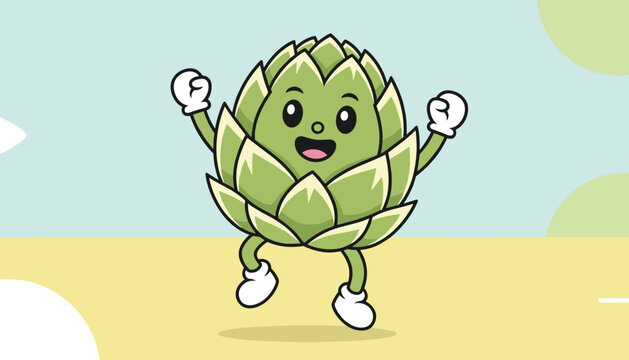 Happy green artichoke vegetable cartoon character mascot jumping with raised hands and a cheerful smile on light background.