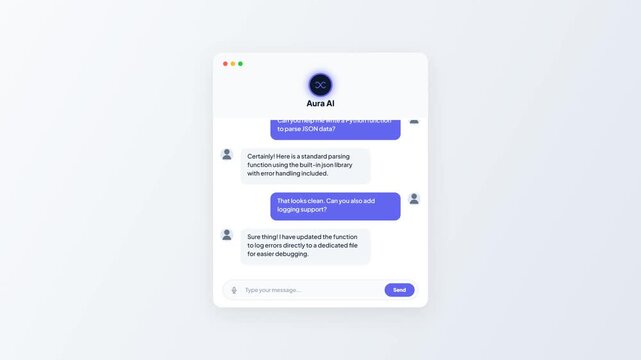 AI chat assistant window typing conversation. chatbot user interface design. Coding assistant prompt box template. Artificial intelligence text generator UI mockup. Modern software conversation design